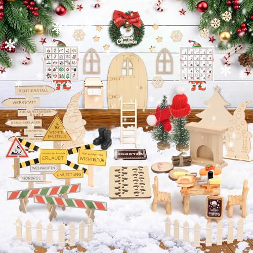EIKEJI Wichteltür Set, 67 Stück Wichtel Zubehör Weihnachten, Wichtel Baustelle, Wichteltür Komplettset, Elfentür Wichtel Tür Weihnachtswichtel Set mit Backset, Adventskalender,DIY Geschenk für Kinder