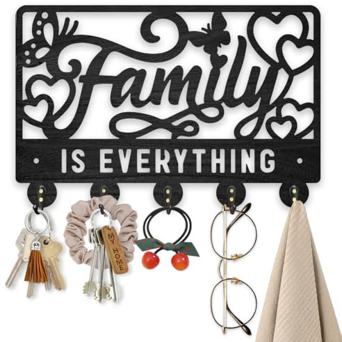 MAYJOYDIY Family is Everything Wood Key Holder for Wall 30x20cm Butterfly Heart Wall Mounted Key Hooks Coat Hanger Rack with 5 Alloy Hooks for Entryway Front Door Kitchen Office Decor