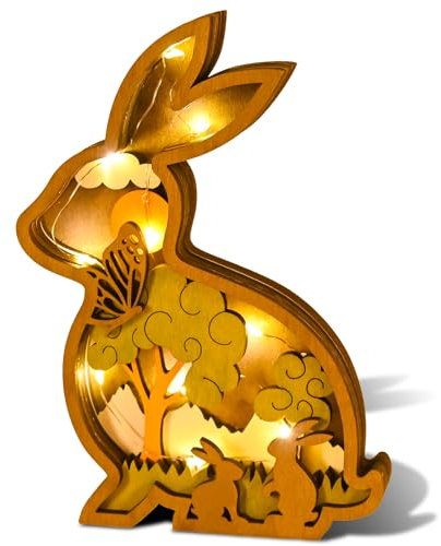 Ulikey Osterdeko Holz Hase, 3D Hohle Osterhasen Deko Osterdeko Figuren mit LED-Lichtkette, Ostern Dekoration Tisch Easter Wooden Rabbit Decoration für Frühlingsdeko, Tisch Deko, Geschenk (Grün)