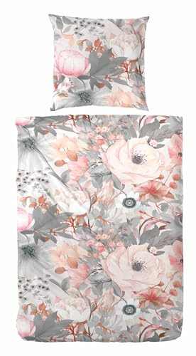 Primera Mako-Satin Bettwäsche 155x220 Blüten Rosen weiß Silber rosa 243230-82