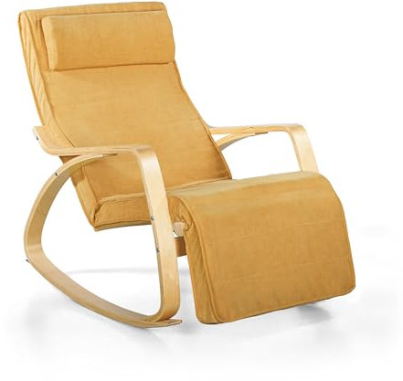 Brigros WeHome Swing Amor Schaukelstuhl mit Armlehnen aus Holz, Rocking Chair, Schaukelsessel mit Verstellbarer Fußstütze, Wohnzimmerstuhl, Schlafzimmersessel (Stoff, Ocker)