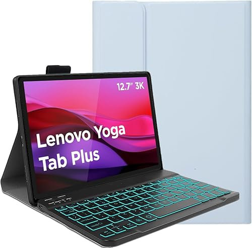 YHFZR Clavier étui pour Lenovo Yoga Tab Plus 12,7'' 2025, [AZERTY] 7 Couleurs Rétro-éclairé Slim Détachable PU Housse Clavier sans Fil Coque pour Lenovo Yoga Tab Plus 12,7 Pouces Tablet 2025, Bleu