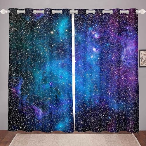 Loussiesd Galaxie Sternenhimmel Vorhänge für Jungen Mädchen Kinder Blickdichte Vorhänge Weich Atmungsaktiv Microfaser 175x140cm Fenstervorhang Lila Blau Gardinen