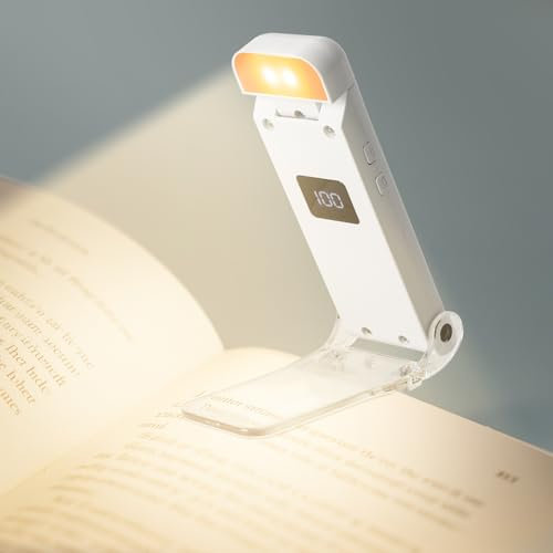 Cleanfly Leselampe Buch Klemme, LED Faltbare Buchlampe, 3 Farbtemperatur Modi Klemmleuchte, 5 Helligkeitsstufen, USB-C, Digitaler Akkuanzeige, Timer 30/60 Min, Augenschonendes Leselicht für Bett
