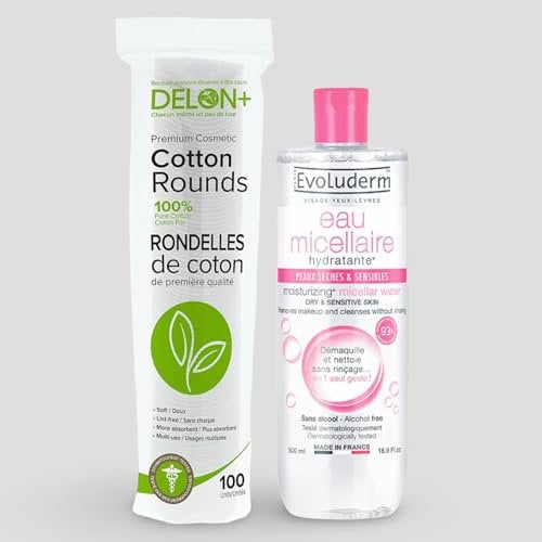 Moisturising Micellar Cleansing Water 500ml Set and Premium Cotton Rounds 100-Pack, Make-Up Remover Dry & Sensitive Skin, Cleanses without rinsing, Cotton Pads Super Absorbent, 100% Pure Cotton