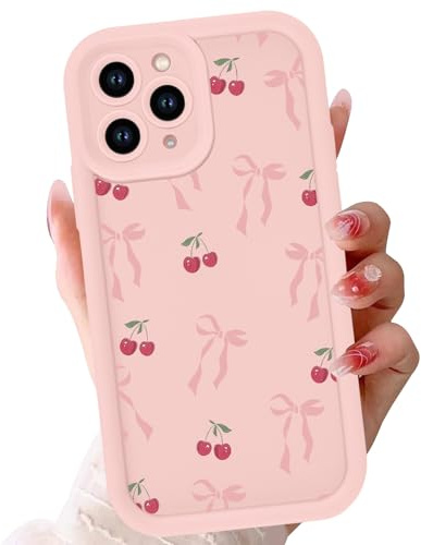 Phoona Case for iPhone 16 Pro 6.3, Cute Aesthetic Design Bow Cherry Preppy Pattern, Silicone Soft TPU Shockproof Protective Camera Cover Phone Case for Girls Women, Pink Bow