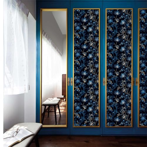 Papier Autocollant pour Meuble Fleur Bleu Marine Papier Peint Adhésif Peler et Coller Waterproof PVC Stickers Meuble pour Cuisine Chambre Cheminée Armoire 45x300 cm/ 3 rouleau