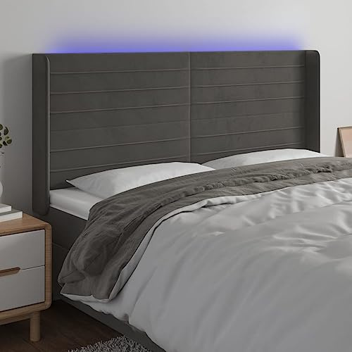 QJBSAVVA LED Bettkopfteil Samt Dunkelgrau 183x16x118/128 cm Höhenverstellbar & Zuschneidbarer RGB Streifen Modernes Wandpolster für Schlafzimmer Reading Nook