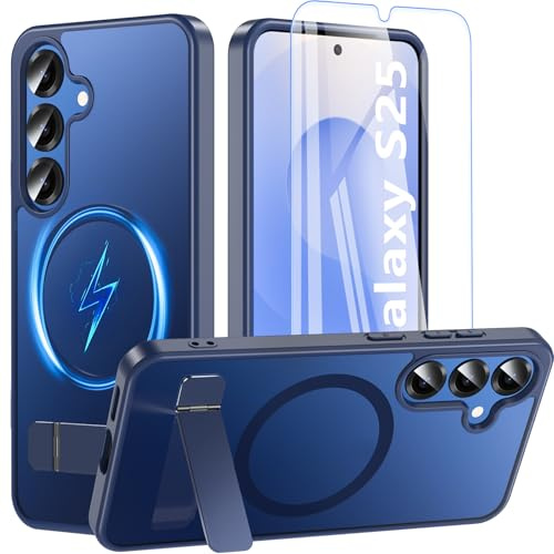 OWKEY Magnetische für Samsung Galaxy S25 Hülle mit Ständer,Matt Blau | Kompatibel mit MagSafe,Schutzfolie,Translucent Matt Design,Fingerabdruckarm,Kratzfeste Harte PC-Rückseite