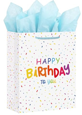 Ssyuysto Geschenktüte zum Geburtstag, Konfetti, Happy Birthday, Geschenktüten mit Seidenpapier, Geschenkanhänger, Party-Geschenktüte mit blauen Seilgriffen für Damen, Herren, Teenager, Kinder