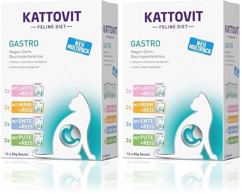 KATTOVIT - Gastro Multipack Nassfutter für Katzen | Zur Unterstützung des Magen-Darm-Systems | Diät-Alleinfuttermittel im Frischebeutel für ausgewachsene Katzen | 12 x 85g (Packung mit 2)