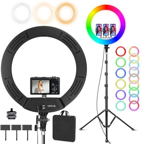 18 Zoll Ringlicht Groß mit Stativ Handy | 26 RGB-Modus Ring Light mit 3 Telefonhaltern, Dimmbar Ringleuchte für YouTube, TikTok, Streaming, Make-up, Kamera
