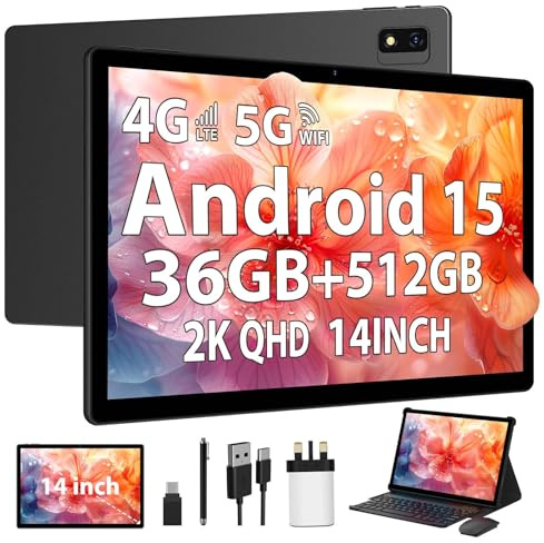SOLVYXEN 2K Android 15 Tablet 14 INCH, 4G SIM Lte & 5G WiFi, 36GB RAM, 512GB ROM (2TB Expansion), 2000 * 1200, 11580mAh, Octa-Core 2.0GHz, 13MP+8MP, Tablet with Keyboard (Black)
