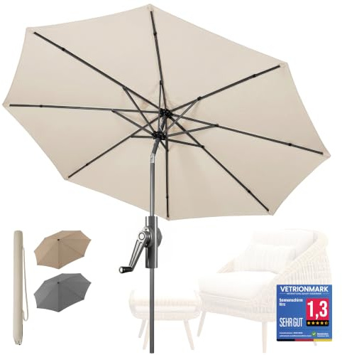 Menz Sonnenschirm Balkon Ø 300 cm mit Kurbel, UPF 50+, Beige | Balkonschirm knickbar 45°, für Sonnenschutz Balkon mit Sonnenschirmhülle, stabiler Gartenschirm für Terrasse