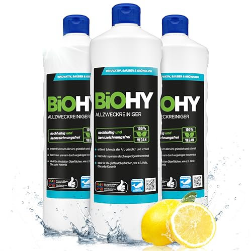 BiOHY Allzweckreiniger Konzentrat (3 x 1 Liter) | Bio Allesreiniger für Boden und Haushalt | Kalkreiniger Konzentrat mit universaler Anwendung | schnell und effektiv | Universalreiniger