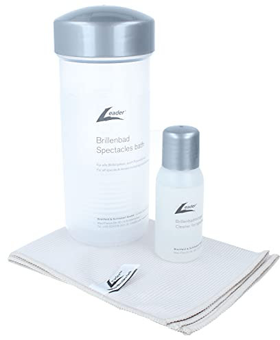 LEADER Brillenbad SET - Schüttelbad mit Spezialreiniger 50ml + Microfasertuch - Patentiertes Brillenreinigungsgerät - Innovative Brillenreinigung wie vom Optiker für Gläser und Gestell