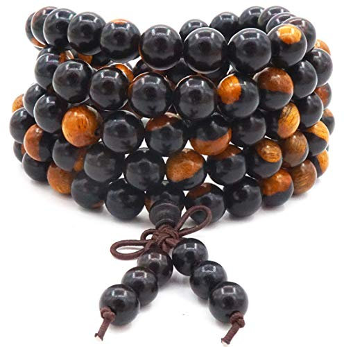 8MM 108 Gebetskette Mala Armband, Schwarzes Yin und Yang SandaleWood Tibetische Buddhistische Buddha Meditation Halskette Mala Armband