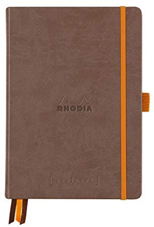 RHODIA 118572C - Chocolate Bullet Journal Goalbook Rigid Notebook - A5 - Dotted Dot - 240 Pages - 90g White Clairefontaine Paper - 3 Ribbons, Elastic Closure - Faux Leather Cover
