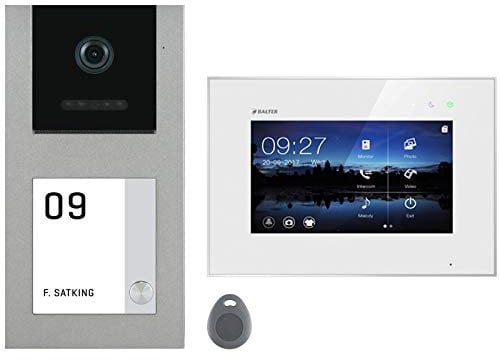 Balter EVO Grau Aufputz Video Türsprechanlage mit Kamera und Klingel, Gegensprechanlage Doorbell mit Türklingel und RFID Chip kabelgebunden 1x 7 Zoll Monitor 1 Familienhaus Sprechanlage Set