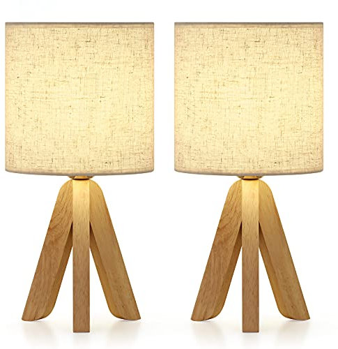 UOMIO Wooden Tripod Lamps Set of 2 Bedroom Bedside Lamps with Wooden Base and Beige Linen Shade Small Cozy Desk Lamps Lights for Living Room Decoration, Warm Atmosphere