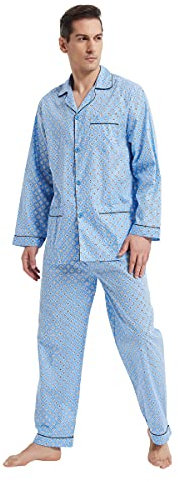 GLOBAL Ensemble de Pyjama Hommes Coton Vêtements de Nuit boutonnés à Manches Longues Vêtements de Nuit à Cordon de Serrage Ensemble de Pyjama Respirant Hommes Haut Fond Bleu Carré Bleu M
