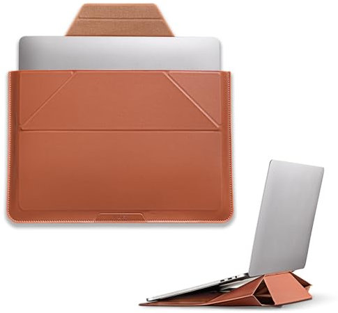 MOFT Laptop Sleeve & Stand for 13-14 inch Laptops, Vegan Leather Bag with Expandable Storage, 2 Adjustable Angles, Compatible with MacBook Air/Pro 13-14 inch, Brown