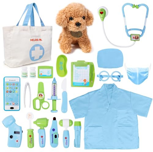 MELAND Doctors Set for Kids - Children Pet Vet Care Play Set with Doctor Costume, Plush Dog, Pretend Role Play Girls Toys for 3 4 5 6 Year Old Toddlers Birthday Presents