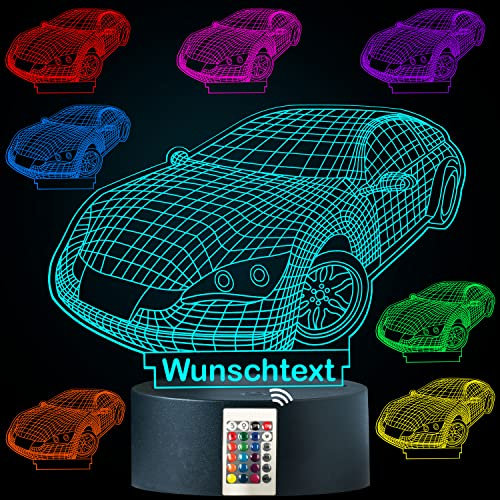 LEON - FOLIEN Auto 3D Illusion Sportwagen Lampe Car personalisiert mit Wunschtext Rennwagen Nachtlicht Tischlampe 16 Farben USB Touch Switch Led Taufgeschenk Dekor Beste Kinderzimmer Geburtstag