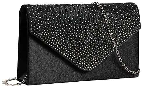 NiCoLa Women Envelope Clutch Bag Black Satin Clutch Bags, Evening Clutch Bags for Women, Clutch Bag Purse with Detachable Chain Strap for Wedding Prom Party
