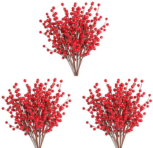 wikdey Rote Stechpalmenbeerenstiele für Weihnachtsbaum, insgesamt 1200 rote Beeren, 35,1 cm, 48 Stück, nicht wasserdicht, hängende Weihnachtsdekoration, künstliche Burgunderbeeren, künstliche