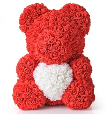 OISE ART STORE Trade Shop - Orsacchiotto Orsetto Orso di Rose con Fiori da 25 Cm Rosso con Cuore Bianco