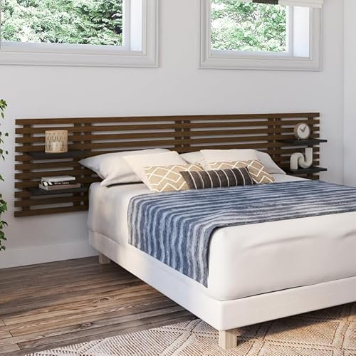 IDMarket - Tête de lit Suspendue en Lattes AVA 240 cm Bois Vieilli et étagères Noires