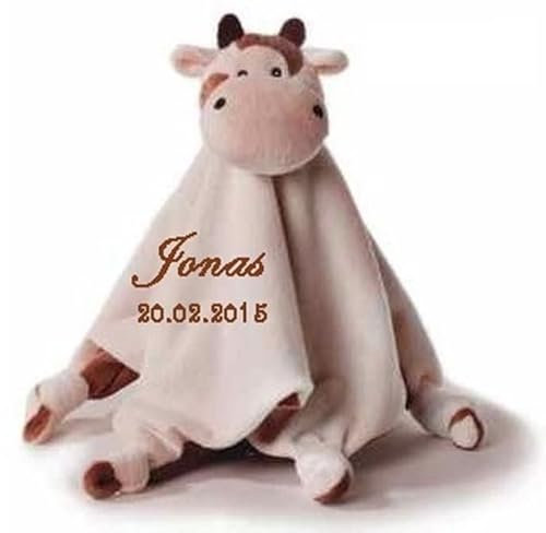 Wuff-Dogsworld Baby Kuscheltuch VIELE Modelle mit Namen Bestickt Geschenk Taufe Geburt Schmusetuch Schnuffeltuch Trösterchen Junge Mädchen (Kuh)