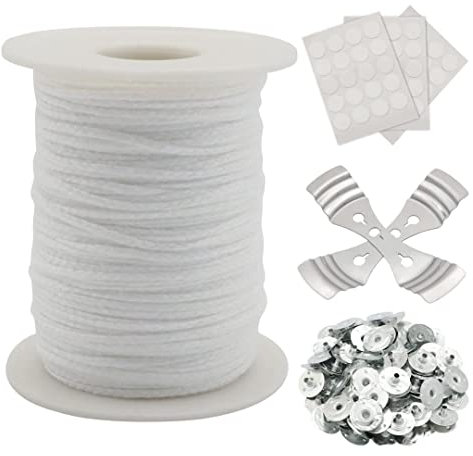 Kerzendochte, 61m Kerzen Dochten mit 2 Metallhalterung 100 Eisenbleche und 60 Double Sided Dots Wick Stickers, Naturkerzendocht für DIY Kerzenherstellung