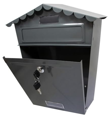 Grey Steel Post Box - Wall Mounted Large Mailbox for Parcel Delivery | Powder Coated - Home Use & Outside On Sheds, Garages, Walls, Gates - Red Mail Box with 2 Keys | Lockable Letter - Keep Mail Safe