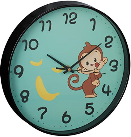 Relaxdays Wanduhr AFFE, Ø 29,5 cm, Affenuhr für Kinder, Kinderzimmeruhr Jungen & Mädchen, analog, Kinderuhr Wand, türkis