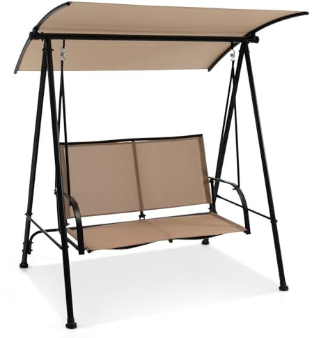 RELAX4LIFE Outdoor Canopy Swing Chair, 2 Seater Garden Swing Bench with Adjustable Canopy, Heavy Duty Patio Swing Seat Lounger for Balcony Poolside Porch, 272KG Capacity (Dark Brown)