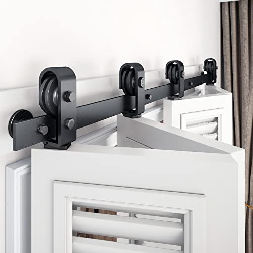 EaseLife 58 Bifold Sliding Barn Door Hardware Track Kit for 4 Closet Door,Top Mount Roller,Slide Smoothly Quietly,Easy Install,Black,Fit for Four 13.5 Wide Bi-Folding Door (Hardware Only)