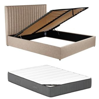 Vente-unique-Bett mit Bettkasten - 180 x 200 cm mit Kopfteil mit vertikalen Ziernähten + Matratze - Stoff - Beige - Sarah