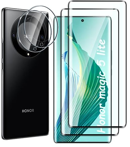 Fyqzio [2+2 Piezas Cristal templado compatible con Honor magic 5 lite 5G y protector de pantalla de cámara,3D Cobertura Completa,sin burbujas,dureza 9H,antiarañazos,HD protector de pantalla