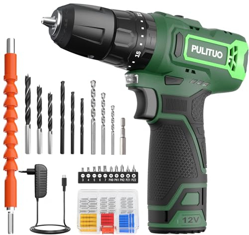PULITUO Akku Bohrschrauber Set 12V, Kompakter Akkuschrauber 35 N·m Drehmoment, 21+1+1 Drehmomentstufen, 1300 mAh Batterie mit LED Licht, 2-stufiger Drehzahlregelung, für Heimwerken und DIY (Grün)