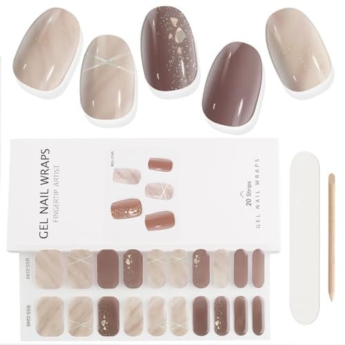 EBANKU 20PCS Gel Nail Stickers, Brown Marble Gel Nail Strips Long Lasting Gel Strips for Nails UV Gel Nail Stickers with Nail File & Wooden Stick for Women Manicure