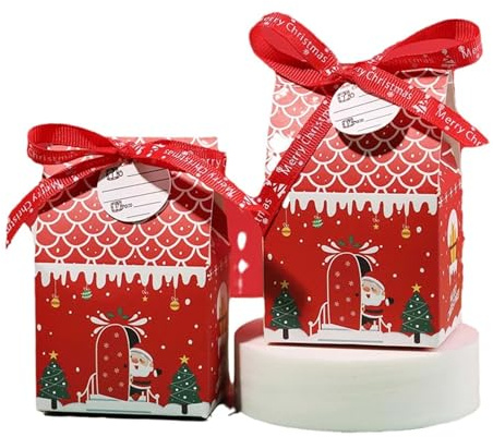 10/20 Stücke Bunte Weihnachten Haus Pralinenschachtel Schneemann Keks Bevorzugung Geschenk Verpackungsbox Mit Ribbin Frohe Weihnachten Party Supplies (Color : Red, Size : 20pcs)