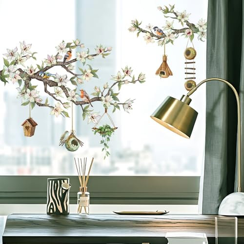 Tanlaby Fensterbilder Blumen Fensteraufkleber Sommer Frühling Kolibris Floral Fenstersticker Selbstklebend Anti-Kollision Glastüren Fensterdeko Aufkleber