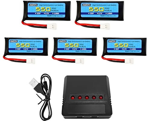 AMZZN 5PCS 3.7V 550mAh 25C Lipo Battery Molex-2P Plug with 5-in-1 Charger for SYMA X5C X5SW Hubsan H107C H107D UDIRC U12S WLtoys XK A100 A120 RC Drone
