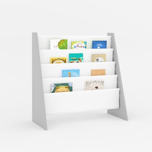 Duffy® Kids Bookshelf Book Storage 4 Tier Kids Sling Storage Bookcase Fabric Sling Shelves With Easy Book Access For Kids Books Childrens Bookcase Perfect For Kids Bedroom Storage (White/Grey)
