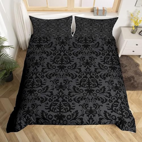 Homewish Grey Black Damask Double Duvet Cover Sets for Kids Teens Adults, Vintage Royal Baroque Bedding & Linen, Victorian Classical Florals Bedding Set with Pillowcases, Ultra Soft, Gray