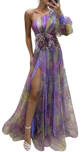 YUECIBAI Hübsche Kleid Kleider Dress Elegantes Frauen Abendkleid Mit Einer Schulter Geschichteter Krawatten Farbe Blumen Druck Rose Mesh Split Hem Ballkleid Kleid M Lila