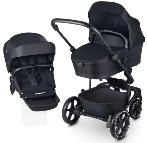 Easywalker Harvey5 Kinderwagen, 0-22 kg, Leicht zu falten, Ideal für 2 Kinder, In 4 Positionen verstellbar, Sicherer 5-Punkt-Gurt, Autositz kompatibel - Mitternachtsschwarz