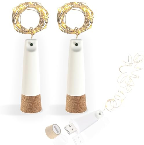 USB Rechargeable Bottle Lights, 6.6ft/2M 20 LED Cork Lights for Bottles, 8 Modes Copper Wire LED Fairy Light, Christmas DIY String Lights for Parties, Wedding, Outdoor, Jars Decor (Warm White, 2 Pcs)